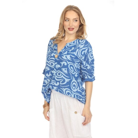 Royal Blue Spiral Print V-Neck Button Detail Top - Picture 5 of 10